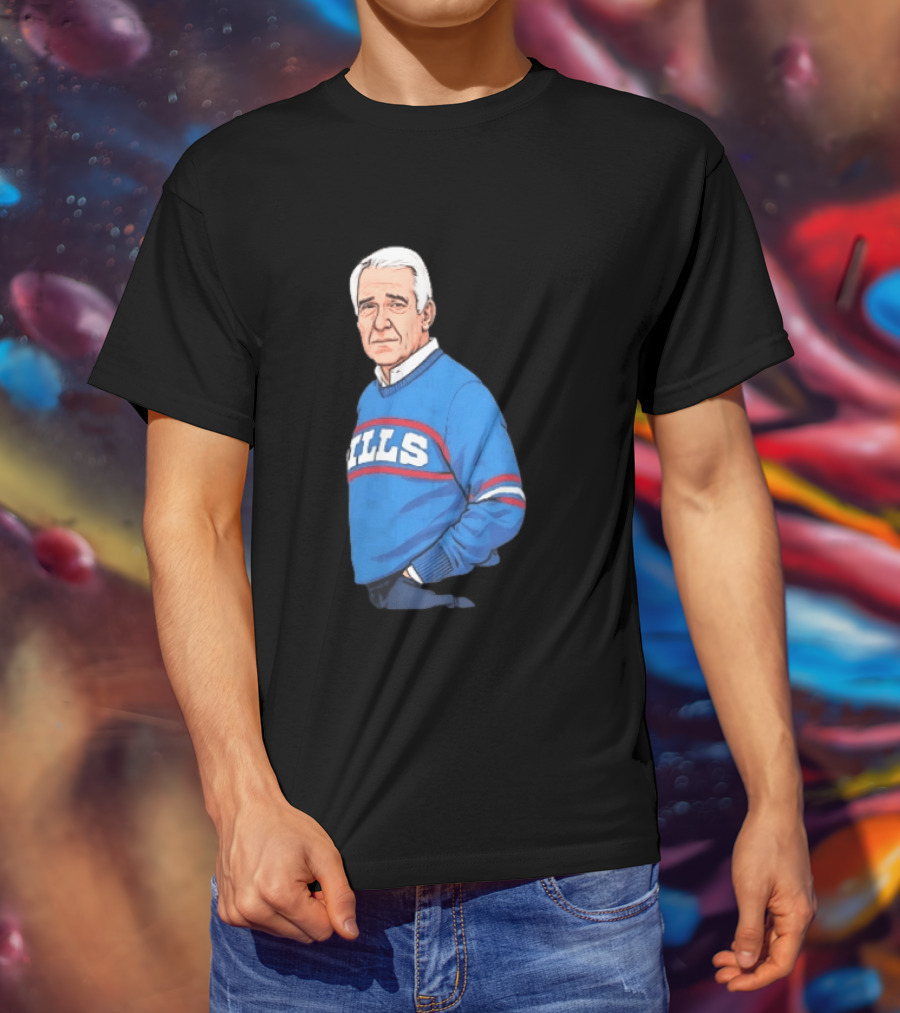 Buffalo Bills Coach Marv Levy Caricature In Blue Sweater With Team Name T-Shirt