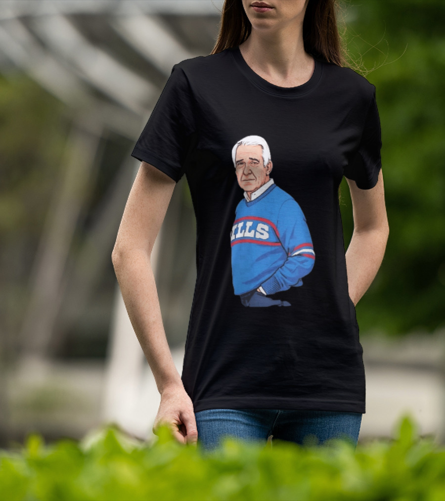 Buffalo Bills Coach Marv Levy Caricature In Blue Sweater With Team Name T-Shirt