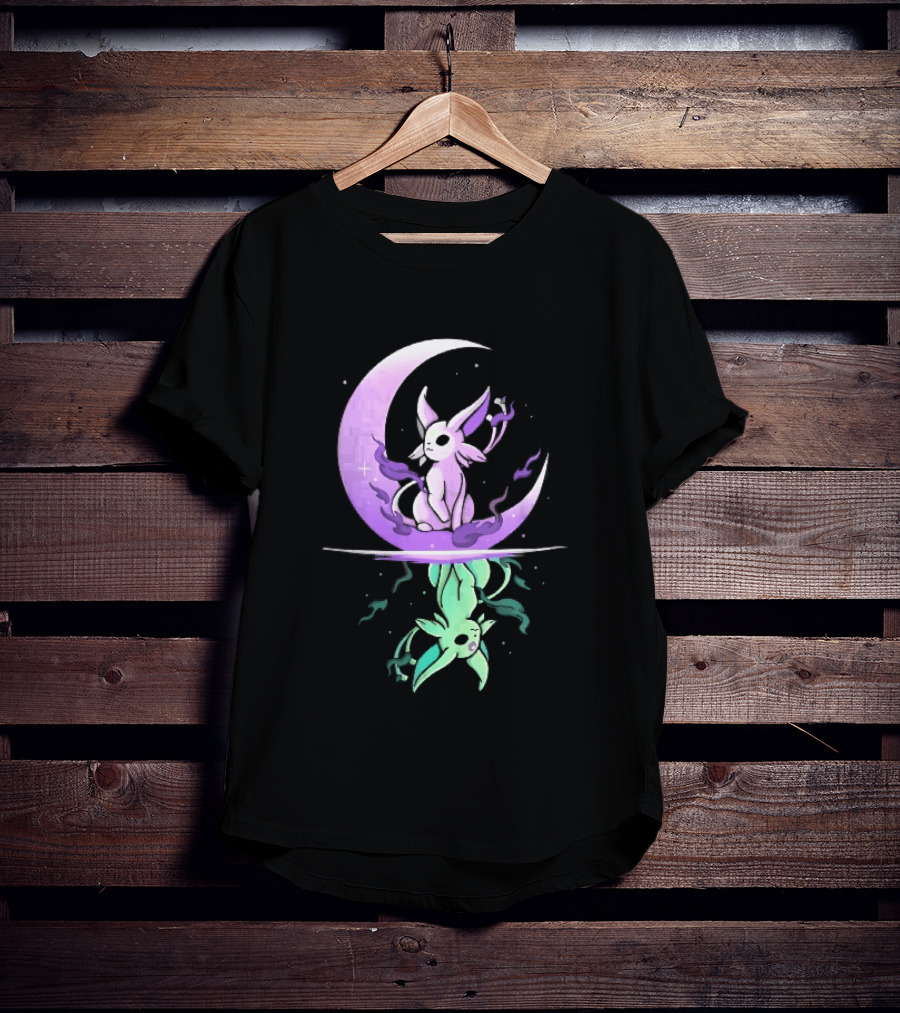 Cartoon Purple Espeon On Crescent Moon With Green Reflection T-Shirt
