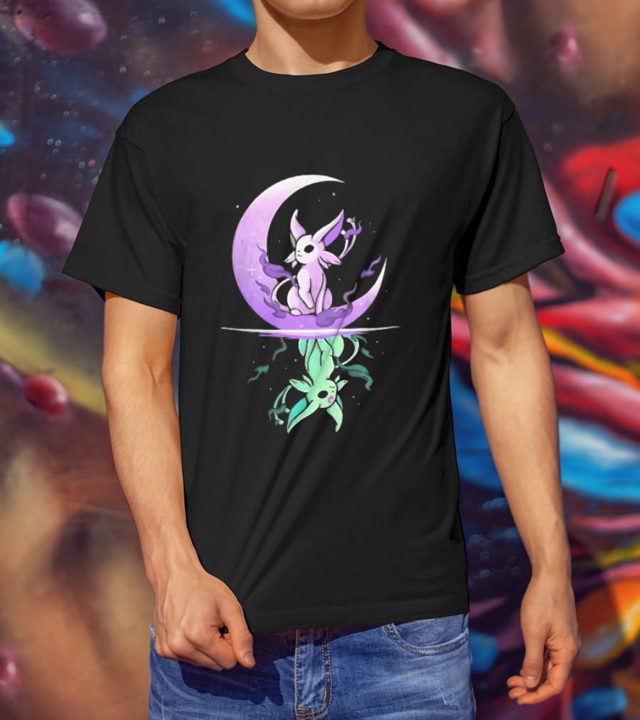 Cartoon Purple Espeon On Crescent Moon With Green Reflection T-Shirt