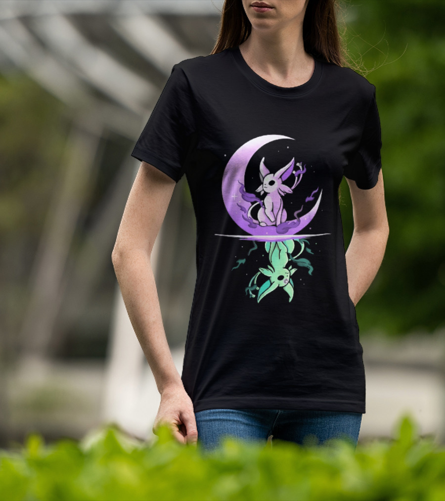 Cartoon Purple Espeon On Crescent Moon With Green Reflection T-Shirt