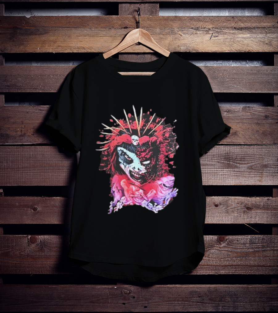 Demonic Japanese Geisha Skull Crown With Red Paint Splatter And Floral T-Shirt