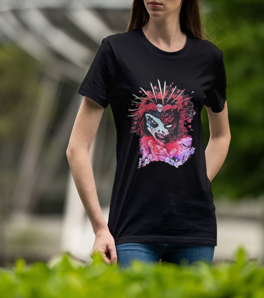 Demonic Japanese Geisha Skull Crown With Red Paint Splatter And Floral T-Shirt