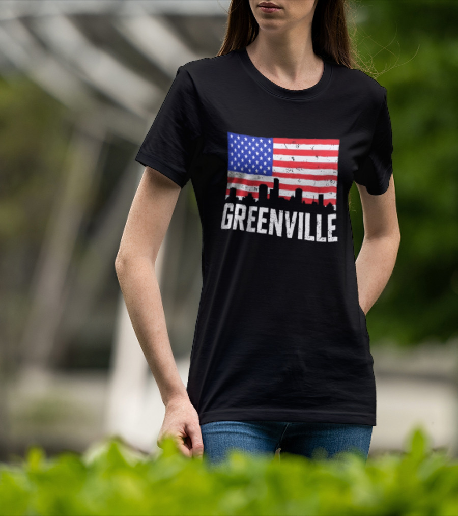 Greenville Skyline American Flag Cityscape T-Shirt