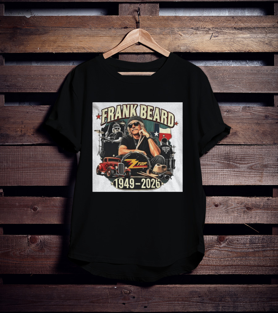 Frank Beard ZZ Top Rock Texas Drummer 1949 2026 Vintage Car And Drumsticks T-Shirt