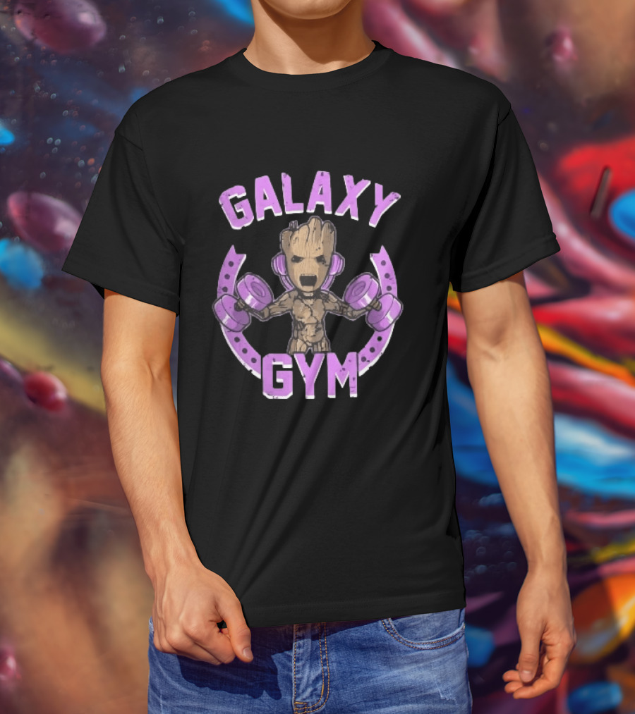 Galaxy Gym Cartoon Tree Lifting Dumbbells Headphones T-Shirt