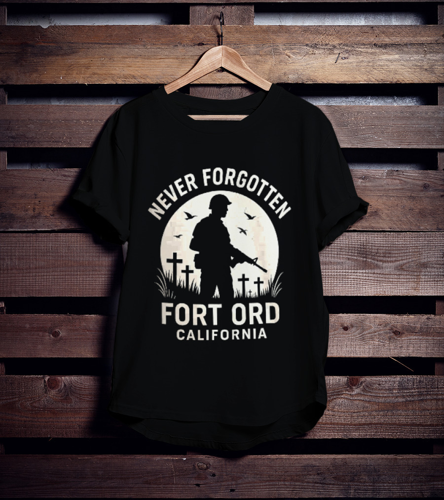 Never Forgotten Fort Ord California Soldier Moon Crosses Birds T-Shirt