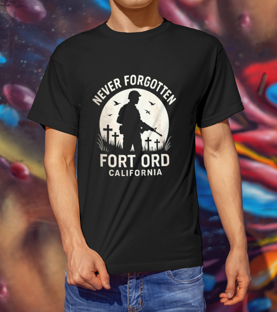 Never Forgotten Fort Ord California Soldier Moon Crosses Birds T-Shirt