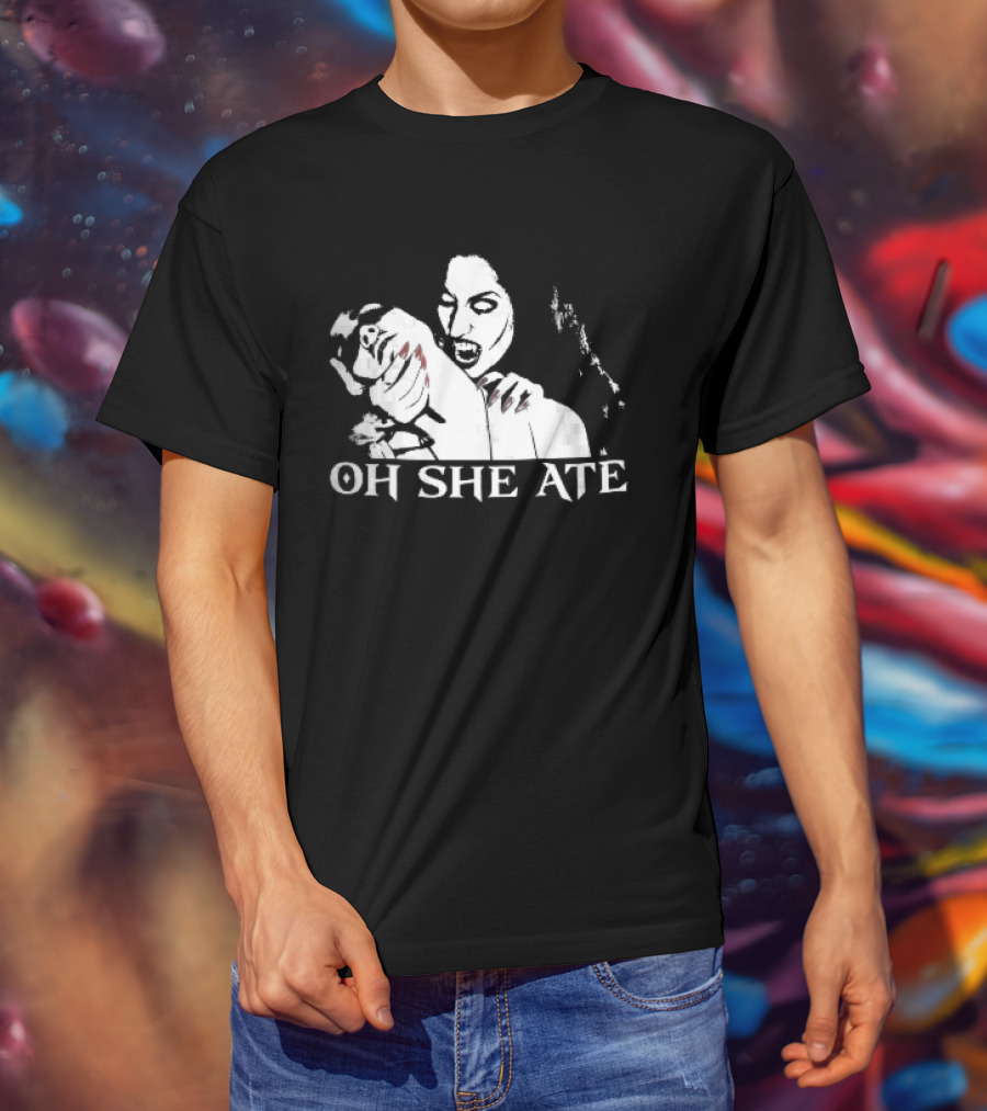 Oh She Ate Female Vampire Biting Neck Red Nails Stencil T-Shirt