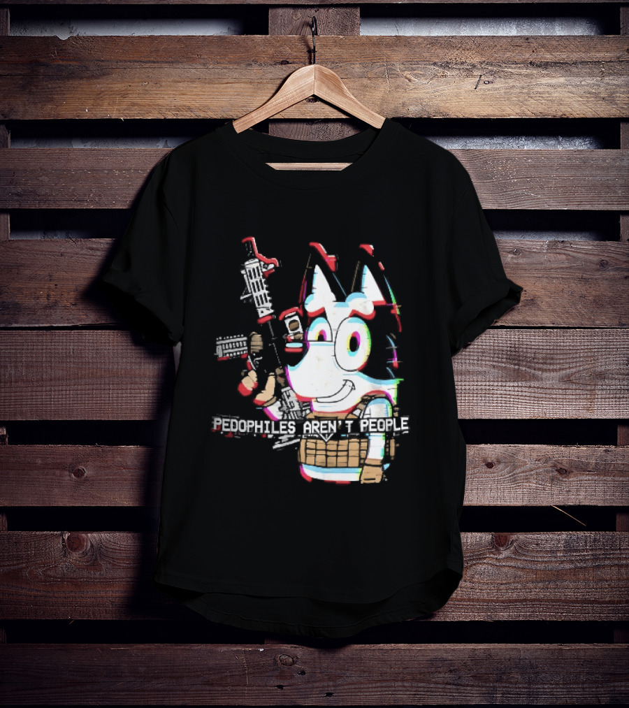 Pedophiles Aren't People Cartoon Dog Tactical Vest Assault Rifle Glitch Effect T-Shirt