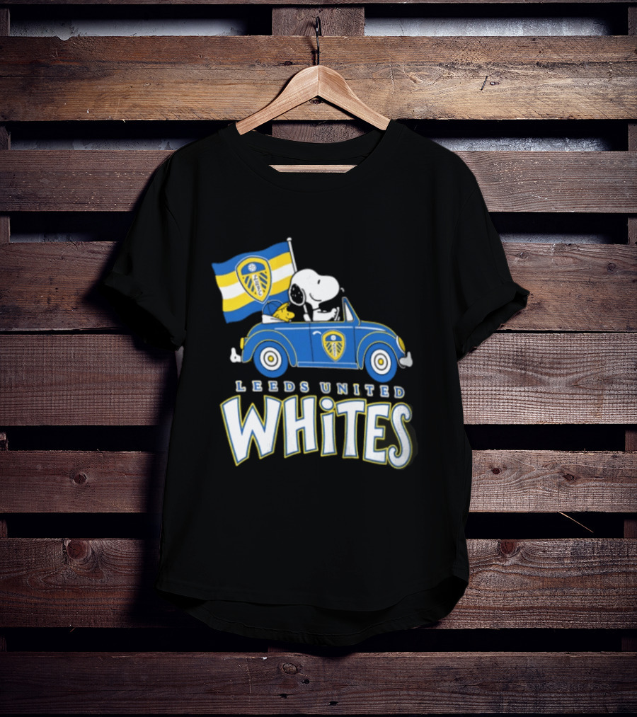 Leeds United Whites Snoopy Car Driving With Flag T-Shirt