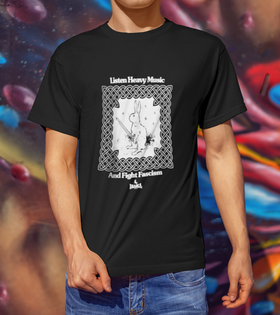 Listen Heavy Music And Fight Fascism Bunny With Sword Celtic Knot Frame T-Shirt