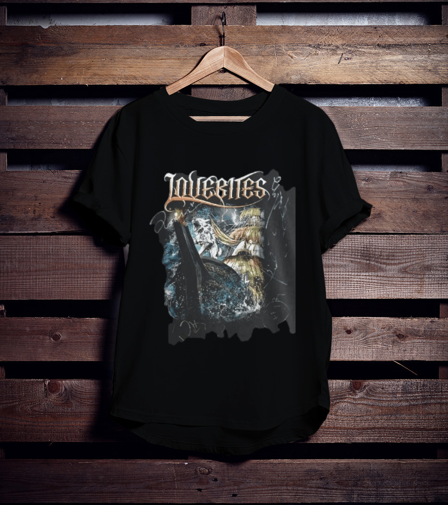 Lovebites Howling White Wolf Ship Amidst Ocean Storm And Lightning Waves T-Shirt