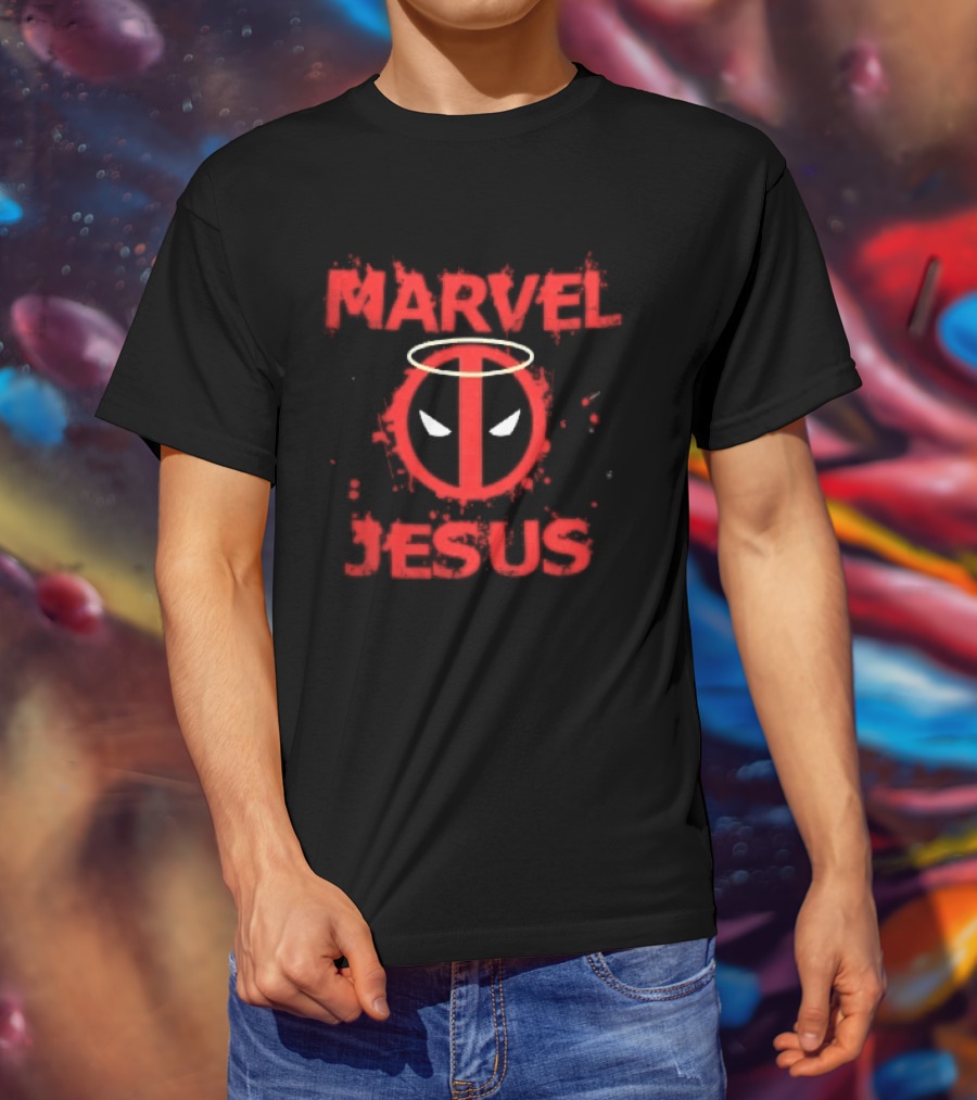 Marvel Jesus Distressed Deadpool Mask Yellow Halo Splatter T-Shirt