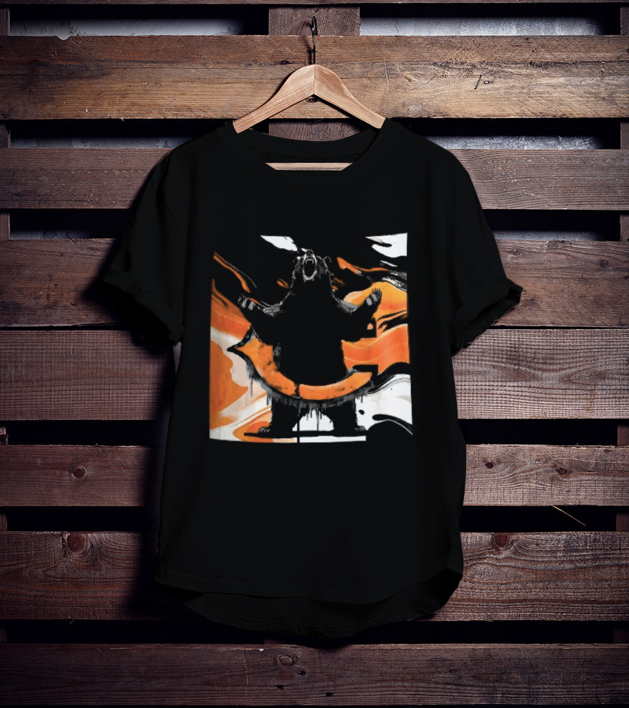 Roaring Black Bear Orange Liquid Swirls Dripping Banner T-Shirt