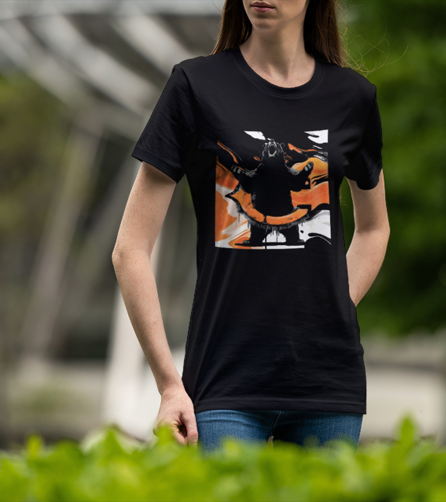 Roaring Black Bear Orange Liquid Swirls Dripping Banner T-Shirt