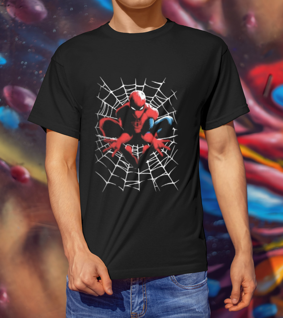 Marvel Spider Man Crouching Red Blue White Web Black T-Shirt