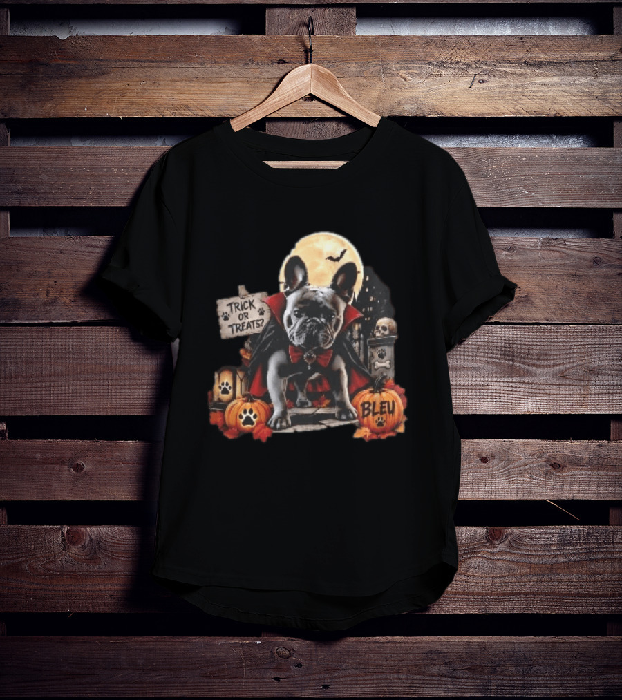 Trick Or Treats Bleu French Bulldog Vampire Cape Moon Pumpkins Halloween Scene T-Shirt