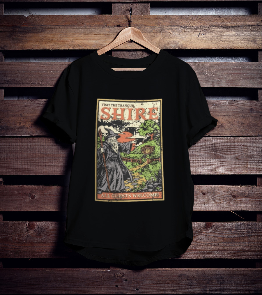 Visit The Tranquil Shire All Guests Welcome Gandalf Hobbit Hole Scene T-Shirt