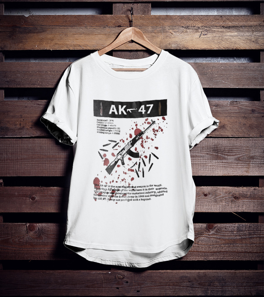 AK 47 1949 Rifle Sketch Red Blood Splatter Bullets Widespread Weapon Statistics T-Shirt