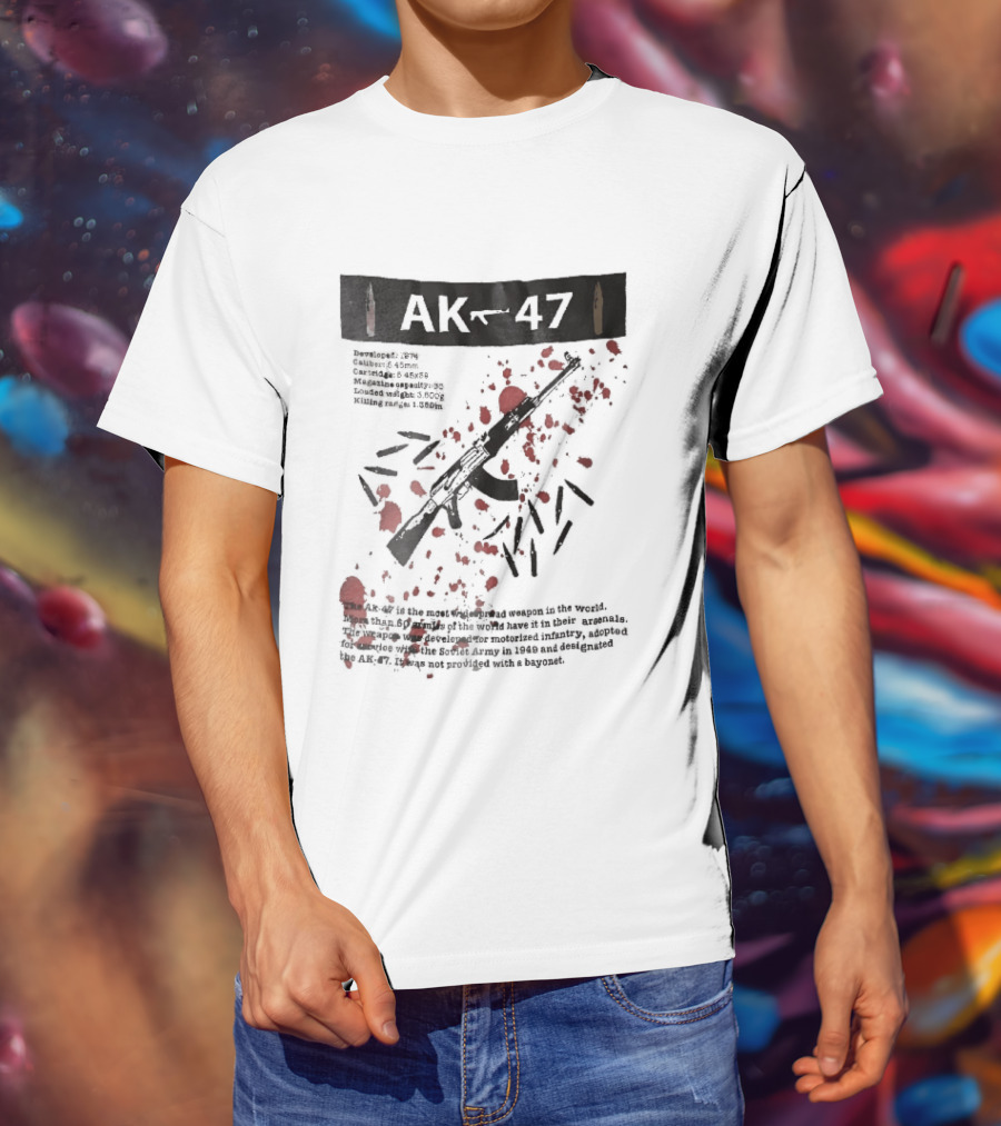 AK 47 1949 Rifle Sketch Red Blood Splatter Bullets Widespread Weapon Statistics T-Shirt