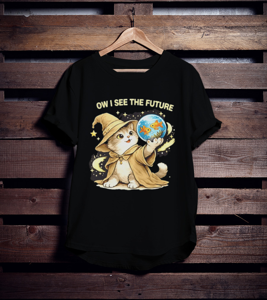 Wizard Cat Halloween Ow I See The Future Goldfish T-Shirt