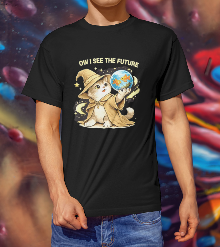 Wizard Cat Halloween Ow I See The Future Goldfish T-Shirt