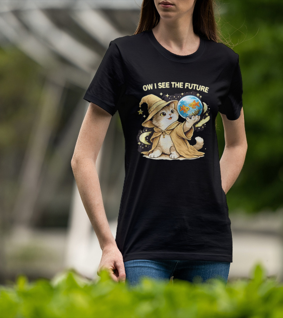 Wizard Cat Halloween Ow I See The Future Goldfish T-Shirt
