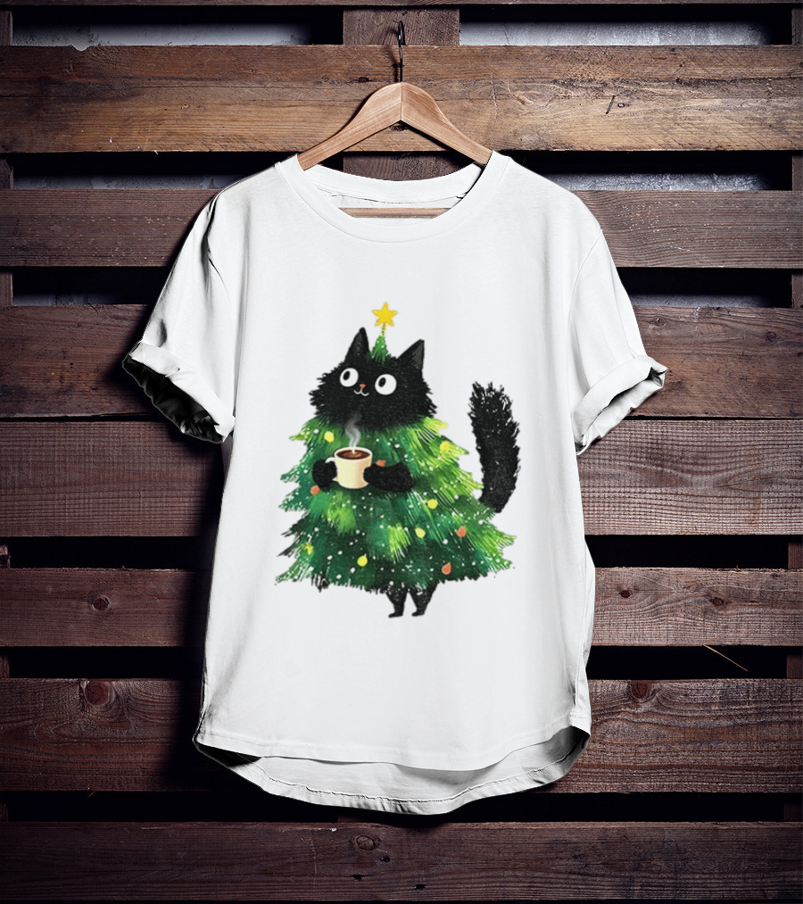 Black Cat Christmas Tree With Hot Coffee Cup T-Shirt