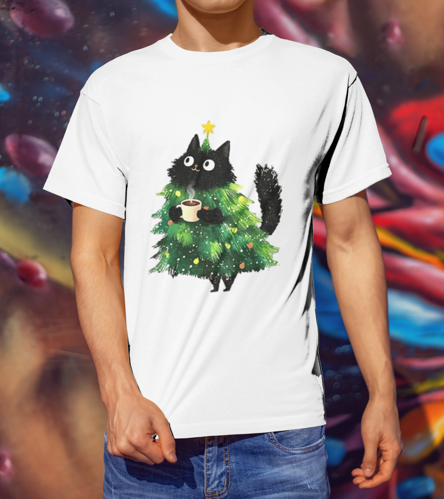 Black Cat Christmas Tree With Hot Coffee Cup T-Shirt