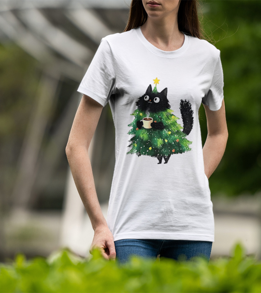 Black Cat Christmas Tree With Hot Coffee Cup T-Shirt