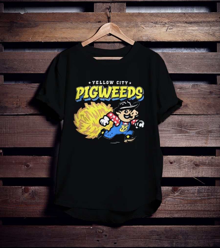 Yellow City Pigweeds Cartoon Cowboy Overalls Tumbleweed Running T-Shirt
