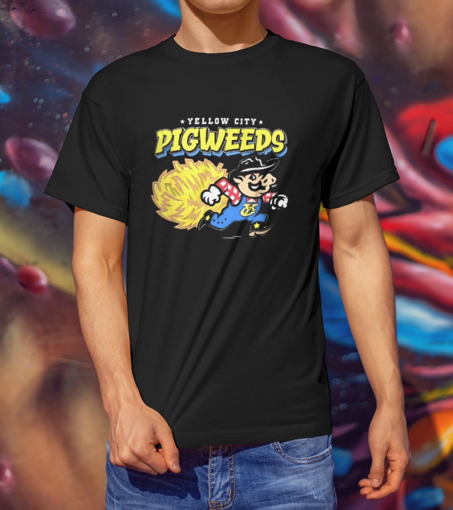 Yellow City Pigweeds Cartoon Cowboy Overalls Tumbleweed Running T-Shirt