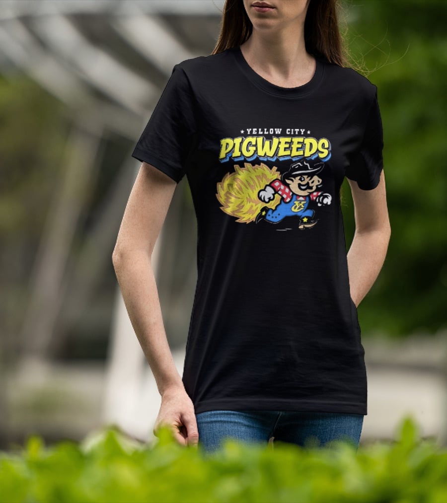 Yellow City Pigweeds Cartoon Cowboy Overalls Tumbleweed Running T-Shirt