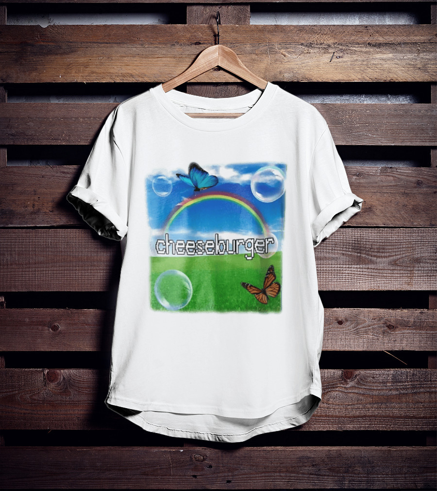 Cheeseburger Pixel Text Rainbow Butterflies Floating Bubbles T-Shirt