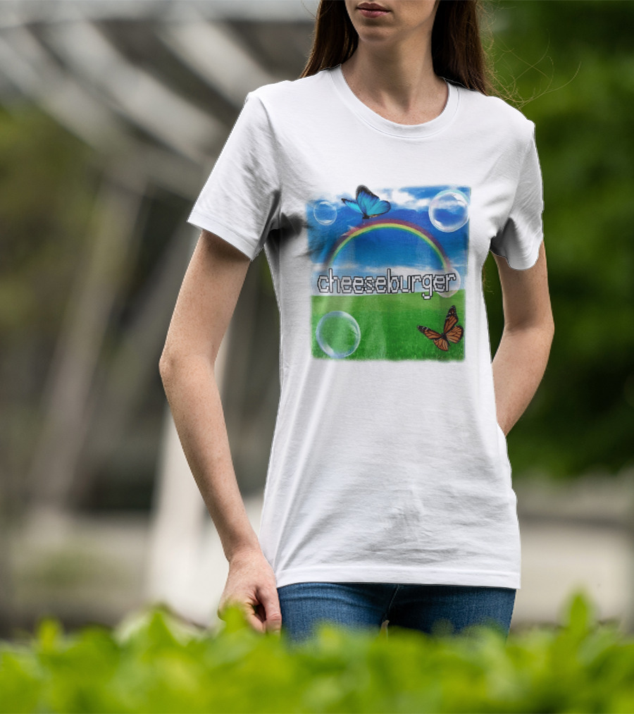 Cheeseburger Pixel Text Rainbow Butterflies Floating Bubbles T-Shirt