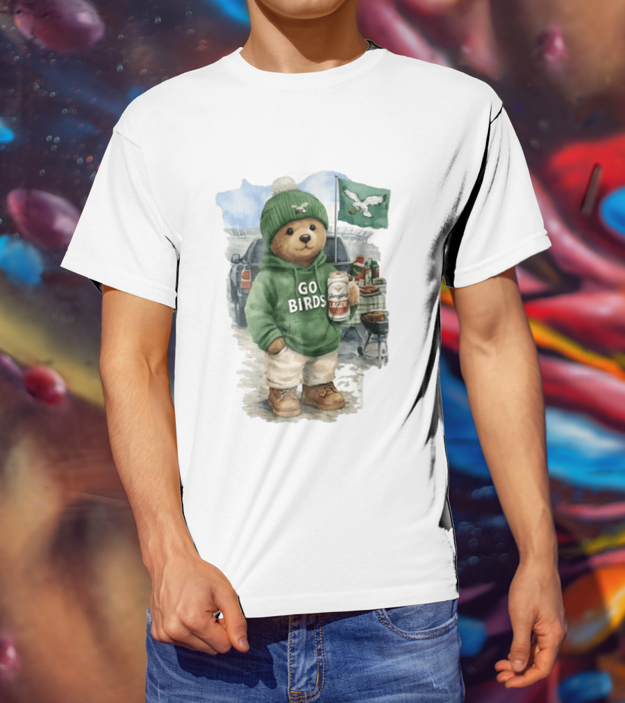 Philadelphia Eagles Go Birds Yuengling Lager Tailgate Teddy Bear Watercolor Truck Scene T-Shirt