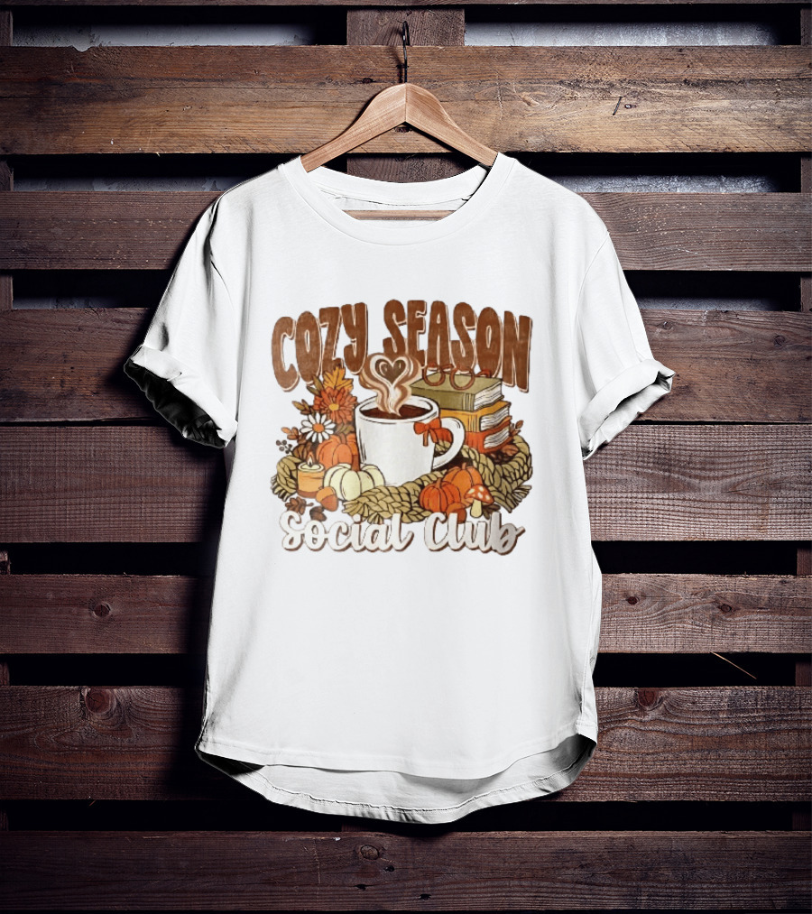 Cozy Season Social Club Coffee Books Pumpkins Knitted Blanket Autumn Vibes T-Shirt