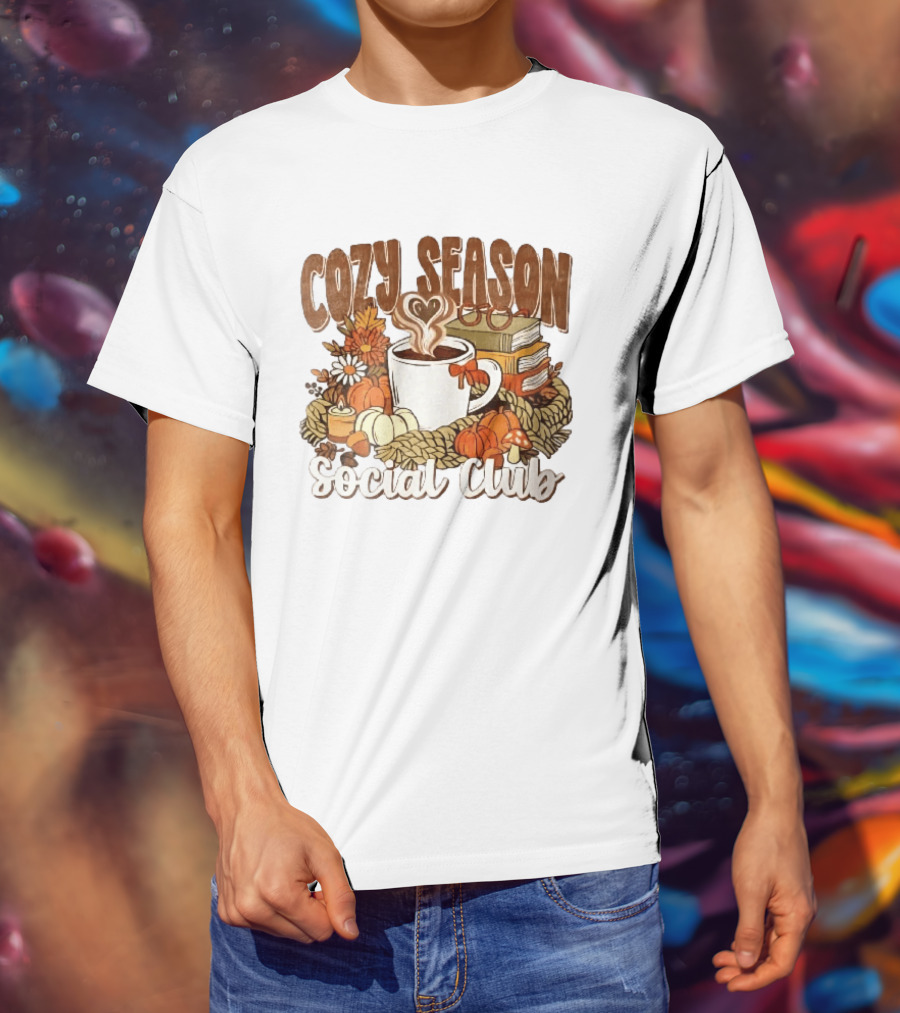 Cozy Season Social Club Coffee Books Pumpkins Knitted Blanket Autumn Vibes T-Shirt