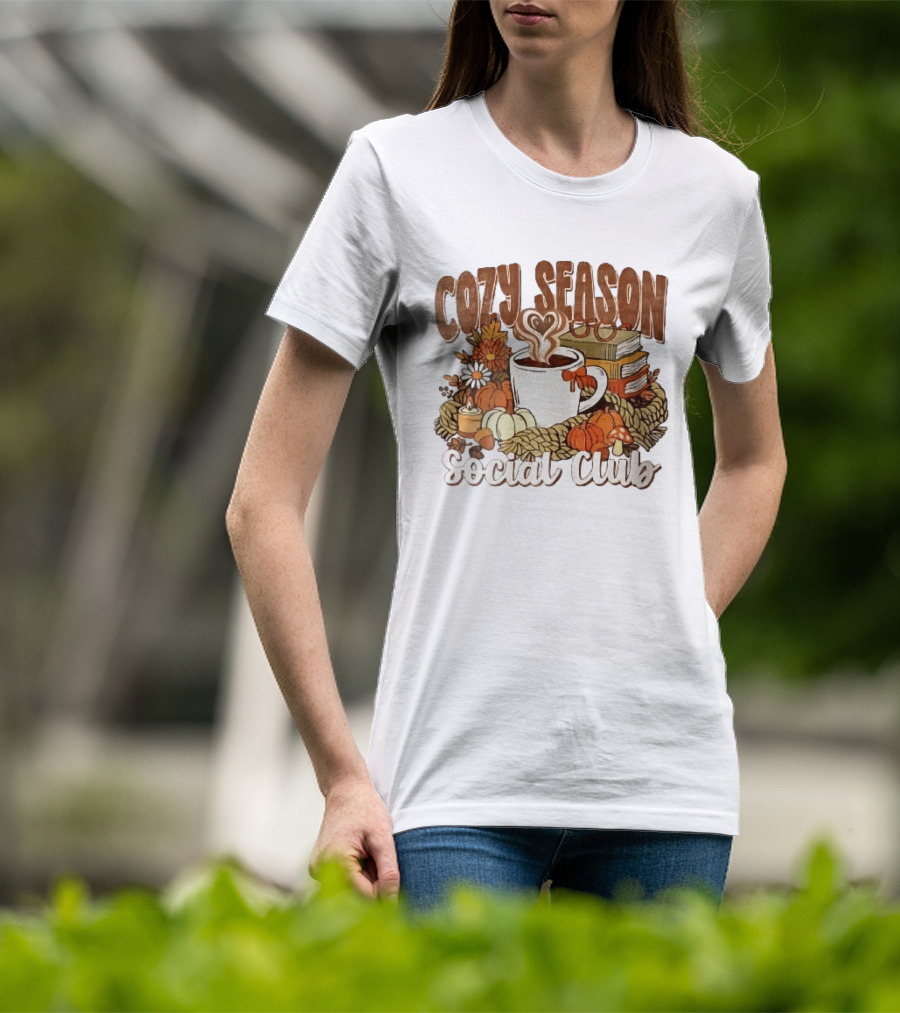 Cozy Season Social Club Coffee Books Pumpkins Knitted Blanket Autumn Vibes T-Shirt