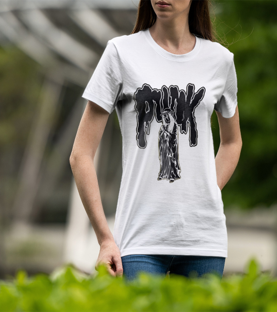 Punk Dripping Hooded Skeleton Praying Crown Of Thorns T-Shirt