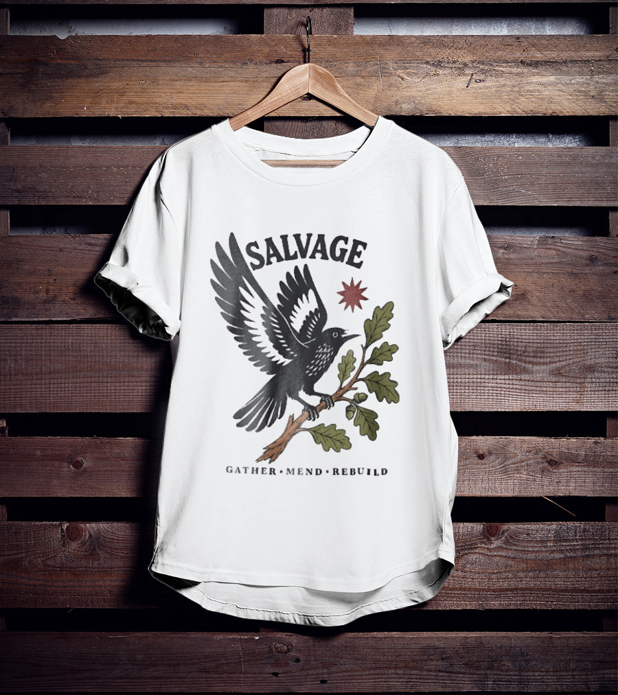 Salvage Gather Mend Rebuild Bird On Oak Branch With Acorns T-Shirt