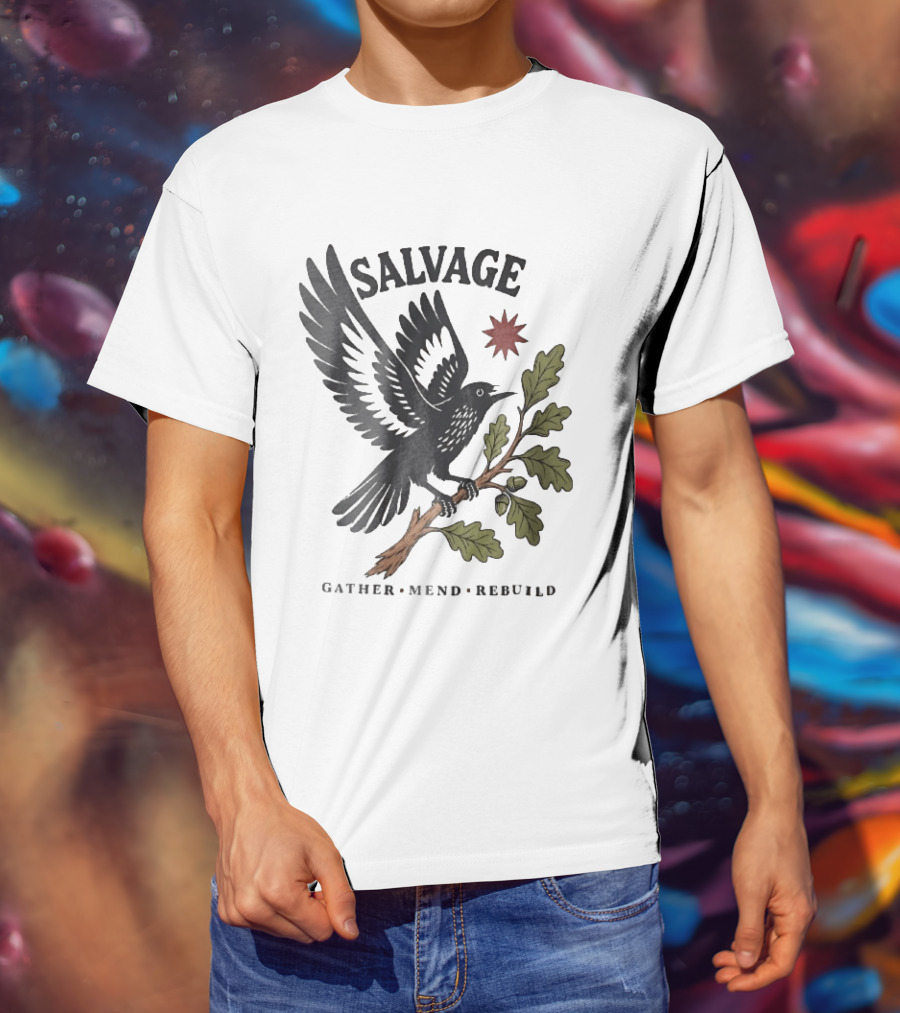 Salvage Gather Mend Rebuild Bird On Oak Branch With Acorns T-Shirt