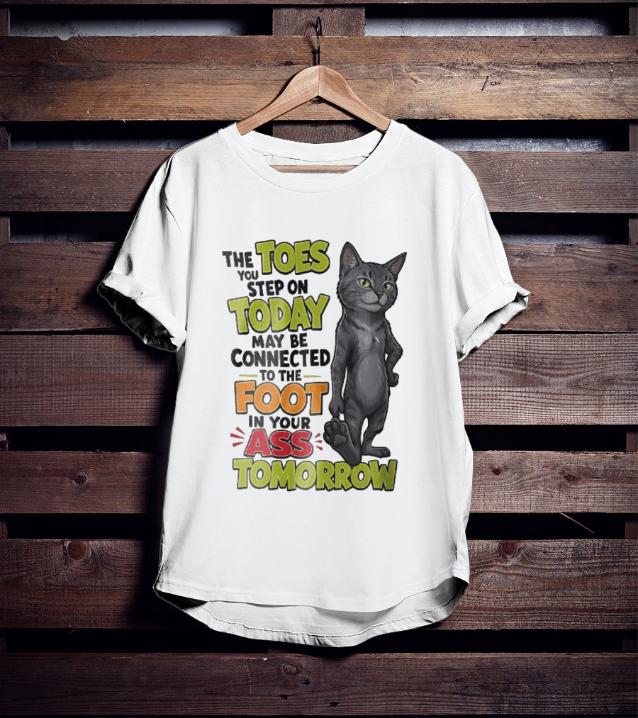 The Toes You Step On Today May Be Connected To The Foot In Your Ass Tomorrow Cartoon Grey Cat Paw T-Shirt