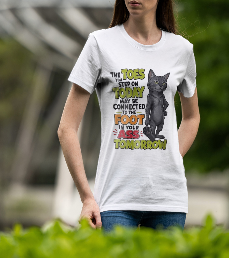 The Toes You Step On Today May Be Connected To The Foot In Your Ass Tomorrow Cartoon Grey Cat Paw T-Shirt