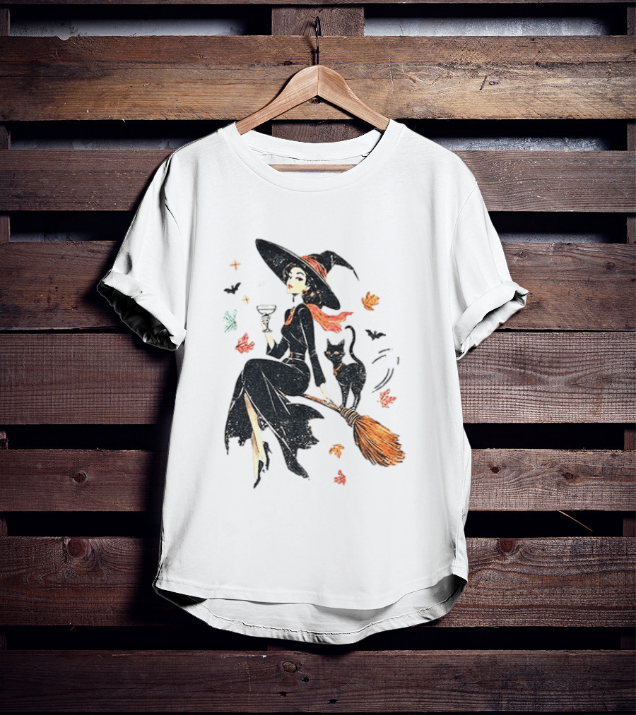 Witch Cat Ringer Spooky Fall Pumpkin Halloween Vintage Witch And Black Cat On Broomstick With Coffee Cup And Autumn Leaves T-Shirt
