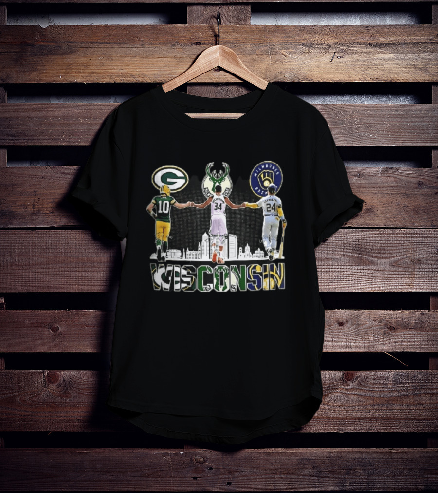 Green Bay Packers Milwaukee Bucks Brewers Wisconsin Antetokounmpo Contreras Love Skyline T-Shirt