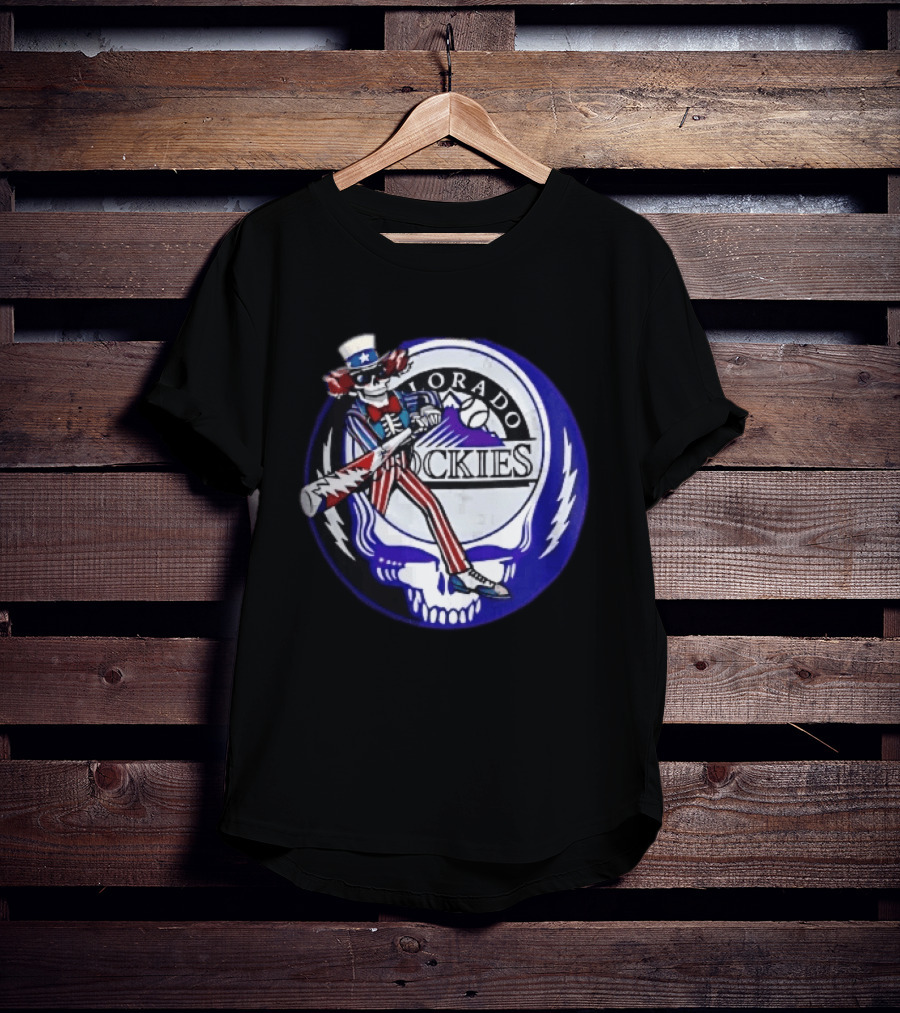 Colorado Rockies Grateful Dead Uncle Sam Skeleton Batting Lightning Stealie Skull T-Shirt