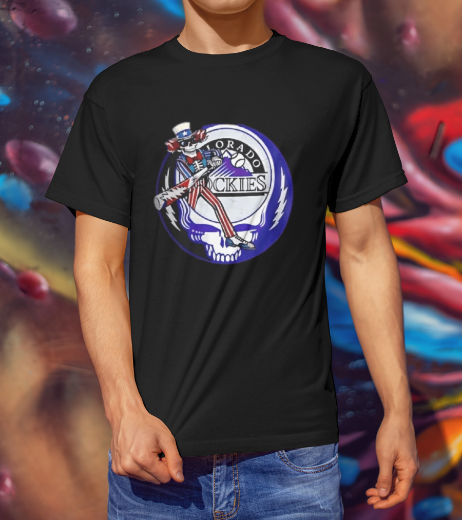 Colorado Rockies Grateful Dead Uncle Sam Skeleton Batting Lightning Stealie Skull T-Shirt