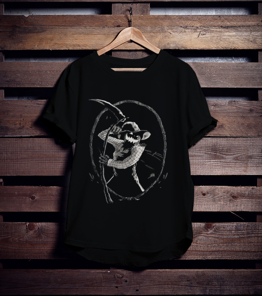 Jack O Lantern Scarecrow Holding Scythe Oval Twig Frame T-Shirt